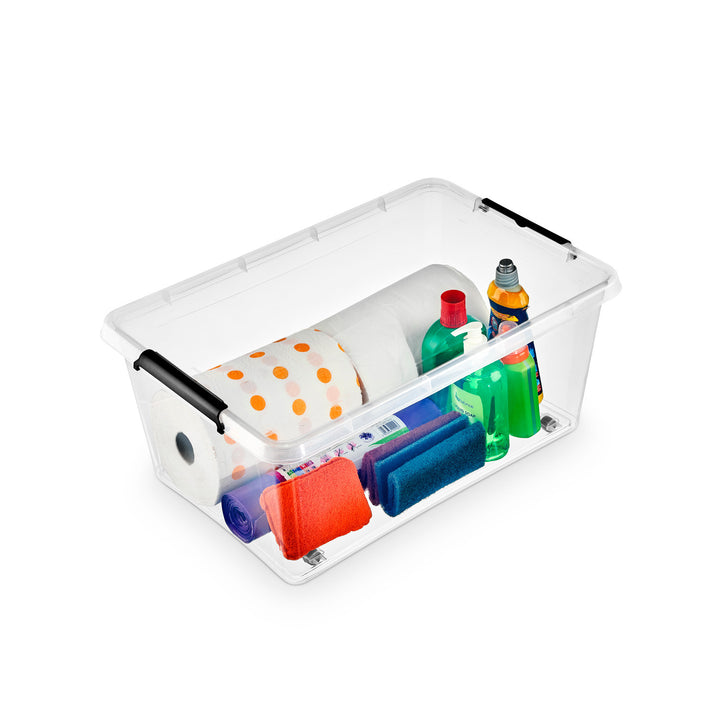 Moxom SimpleStore-bak, inhoud 40 l, transparant, deksel met kliksluiting, voorzien van wieltjes, BPA-vrij, 04-0076, 3 stuks