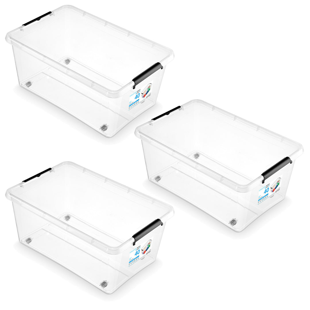 Moxom SimpleStore-bak, inhoud 40 l, transparant, deksel met kliksluiting, voorzien van wieltjes, BPA-vrij, 04-0076, 3 stuks