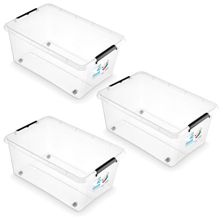 Moxom SimpleStore-bak, inhoud 40 l, transparant, deksel met kliksluiting, voorzien van wieltjes, BPA-vrij, 04-0076, 3 stuks