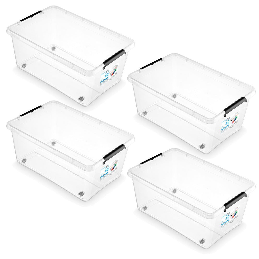 Moxom SimpleStore-bak, inhoud 40 l, transparant, deksel met kliksluiting, voorzien van wieltjes, BPA-vrij, 04-0076, 4 stuks