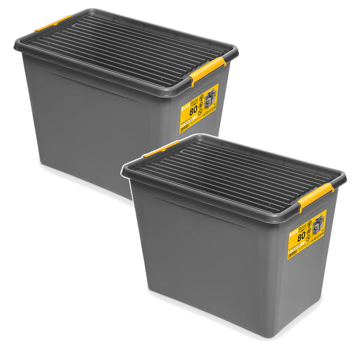 Moxom SolidStore-bak, inhoud 80 l, grijs, deksel met kliksluiting, voorzien van wieltjes, BPA-vrij, 04-0217, 2 stuks