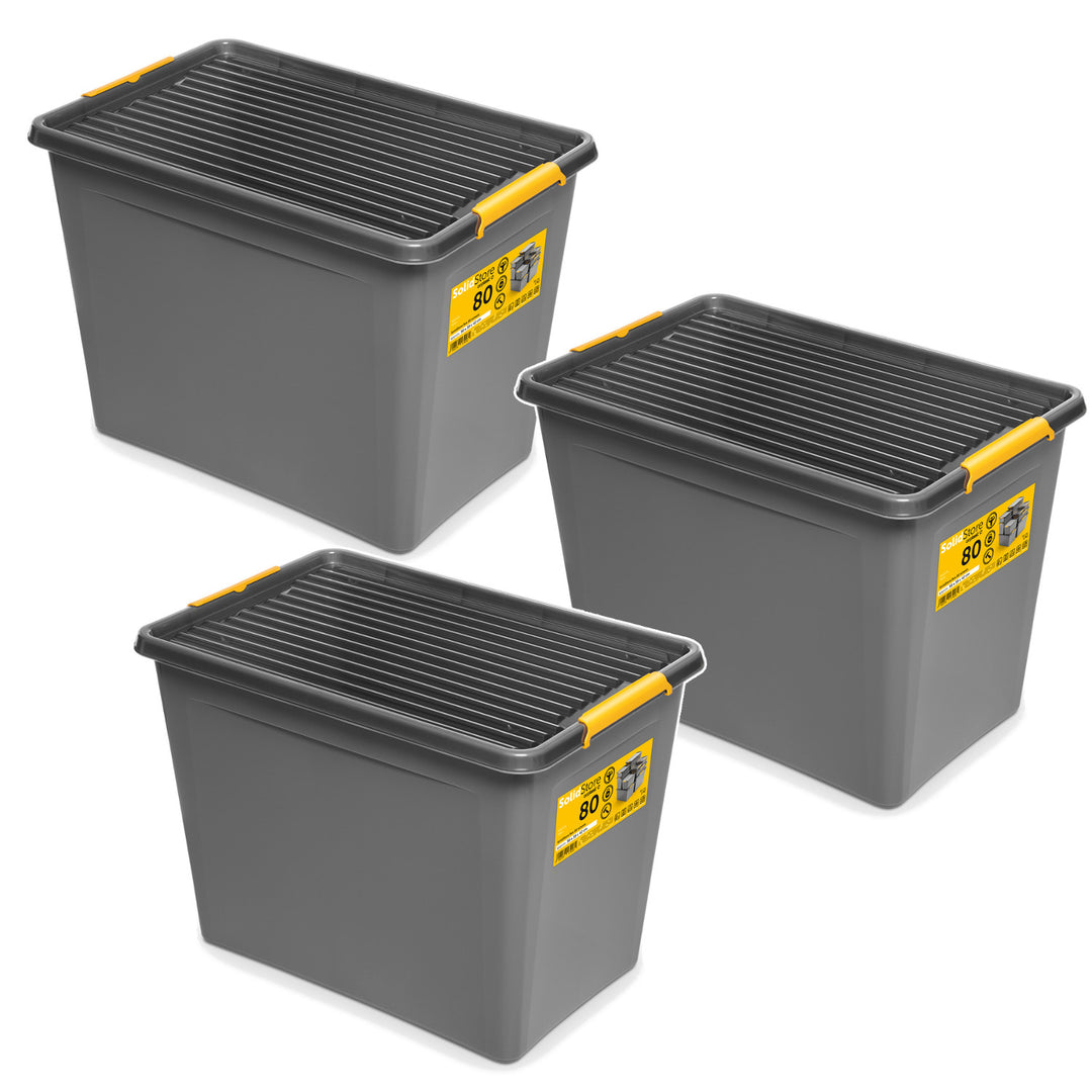 Moxom SolidStore-bak, inhoud 80 l, grijs, deksel met kliksluiting, voorzien van wieltjes, BPA-vrij, 04-0217, 3 stuks