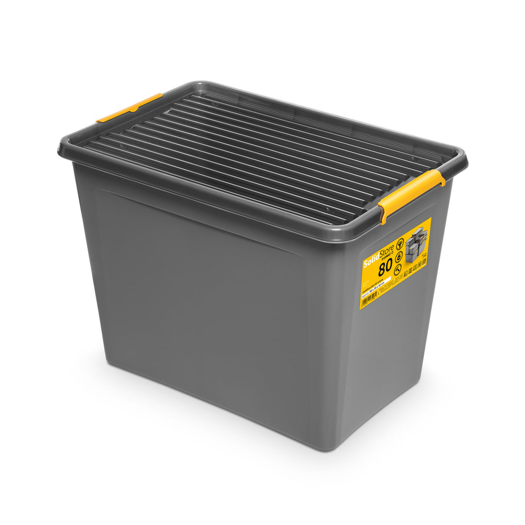 Moxom SolidStore-bak, inhoud 80 l, grijs, deksel met kliksluiting, voorzien van wieltjes, BPA-vrij, 04-0217, 4 stuks