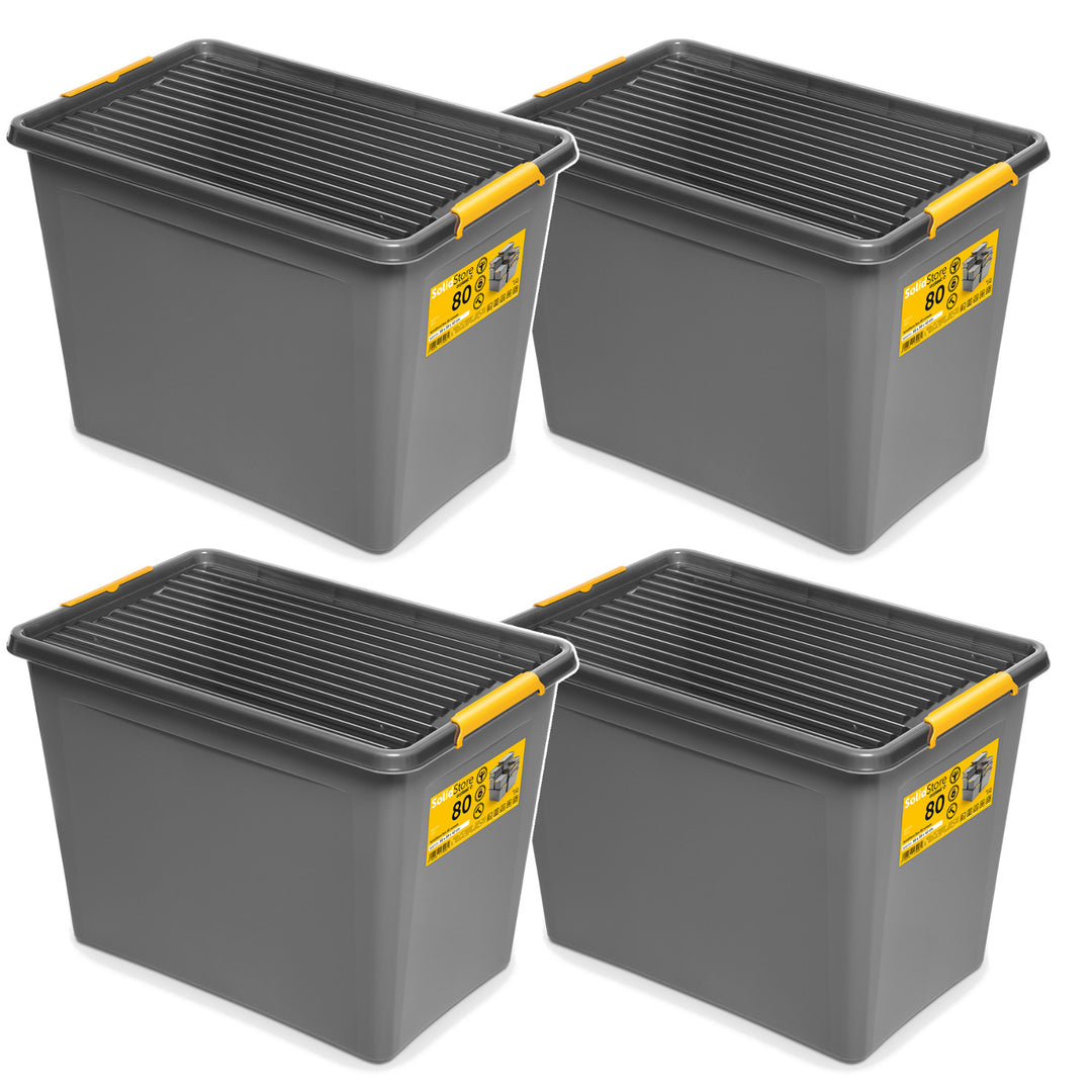 Moxom SolidStore-bak, inhoud 80 l, grijs, deksel met kliksluiting, voorzien van wieltjes, BPA-vrij, 04-0217, 4 stuks