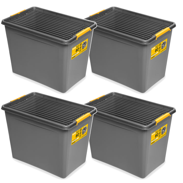 Moxom SolidStore-bak, inhoud 80 l, grijs, deksel met kliksluiting, voorzien van wieltjes, BPA-vrij, 04-0217, 4 stuks