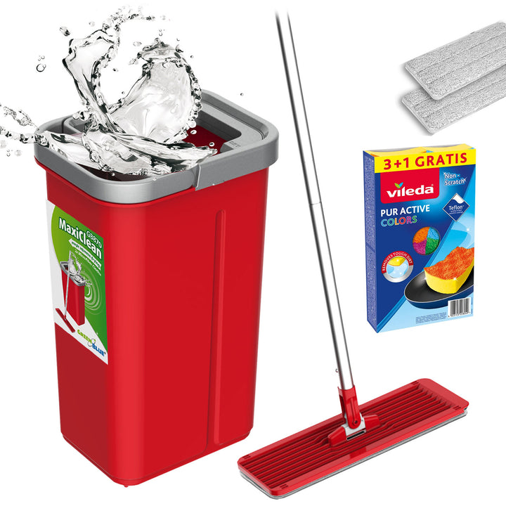 GreenBlue-vlakmop met emmer en uitwringer, twee HQ-microvezeldoekjes, inhoud 5,7 l, MaxiClean GB870 + 4 Vileda Pur Active Colors-schuursponsjes