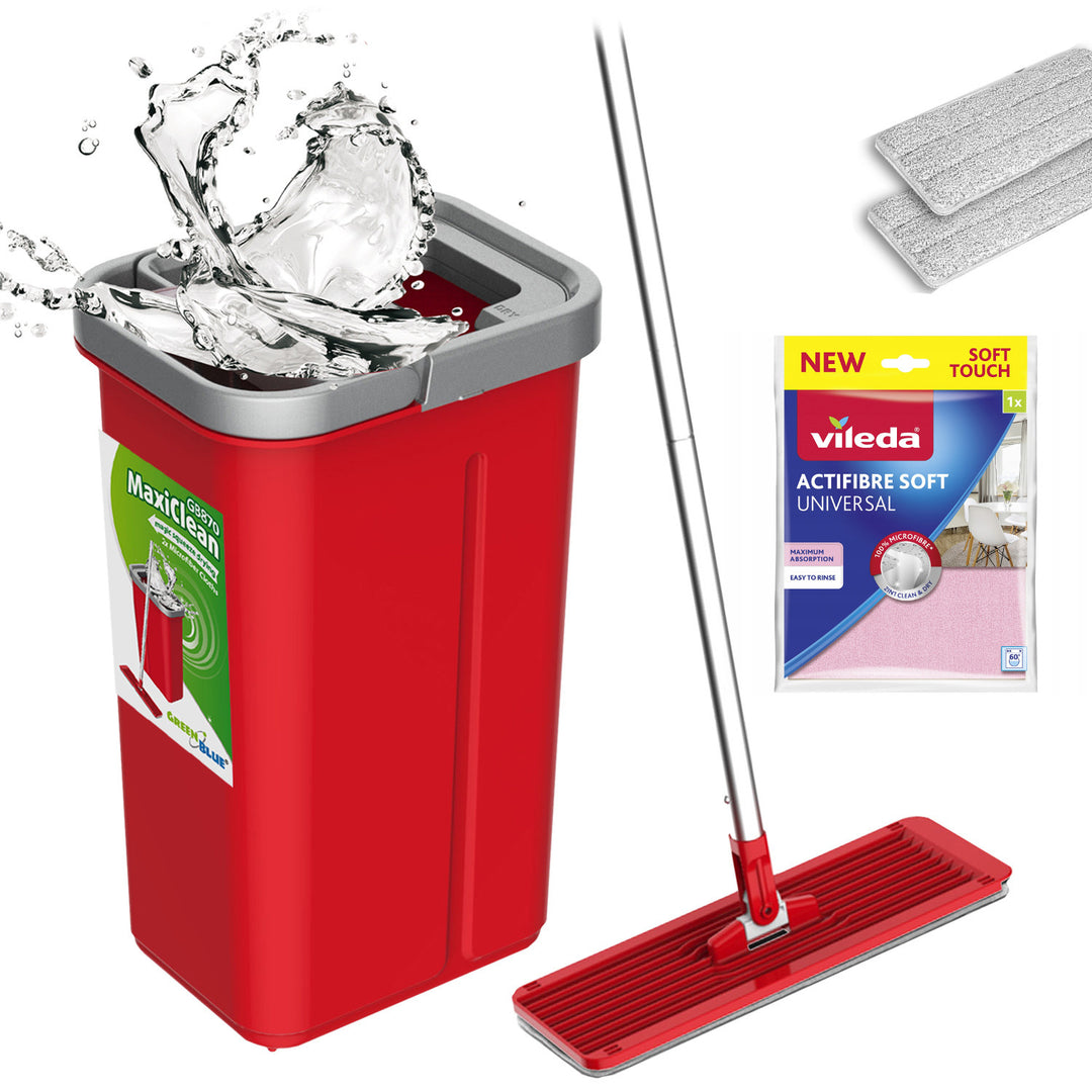 GreenBlue-vlakmop met emmer en uitwringer, twee HQ-microvezeldoekjes, inhoud 5,7 l, MaxiClean GB870 + Vileda Actifibre Soft-doekje