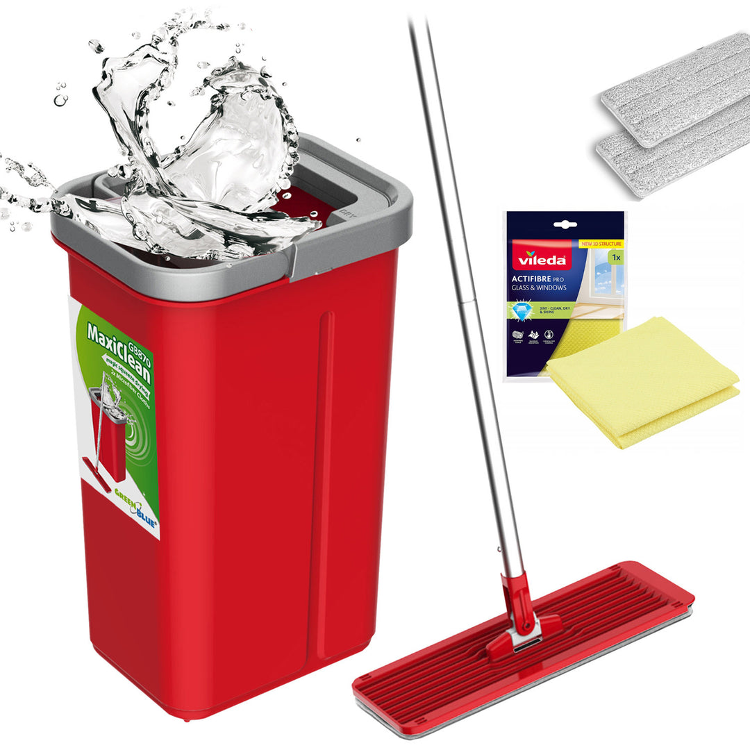 GreenBlue-vlakmop met emmer en uitwringer, twee HQ-microvezeldoekjes, inhoud 5,7 l, MaxiClean GB870 + Vileda Actifibre Pro-doekje