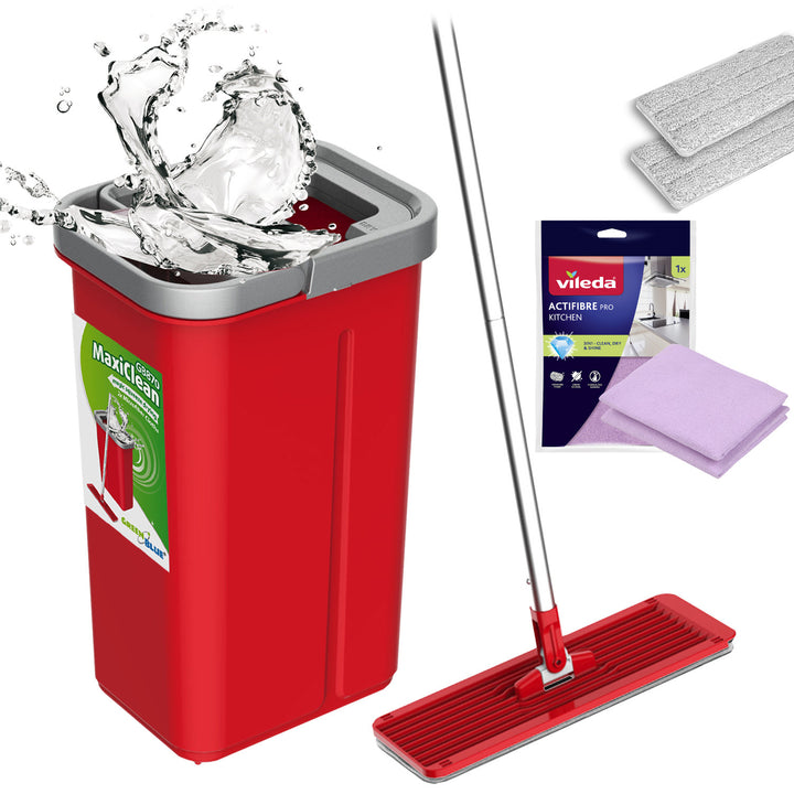 GreenBlue-vlakmop met emmer en uitwringer, twee HQ-microvezeldoekjes, inhoud 5,7 l, MaxiClean GB870 + Vileda Actifibre Pro-doekje