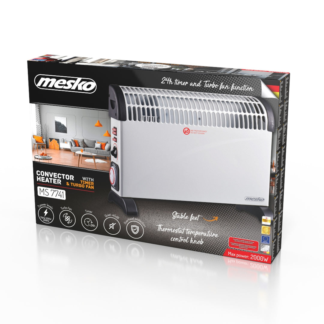 Elektrische convectorverwarming, thermostaat, 2000 W, 24-uurs timer, wit, snoer 150 cm, Mesko, MS 7741W