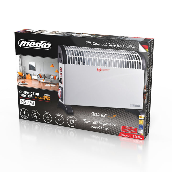 Elektrische convectorverwarming, thermostaat, 2000 W, 24-uurs timer, wit, snoer 150 cm, Mesko, MS 7741W