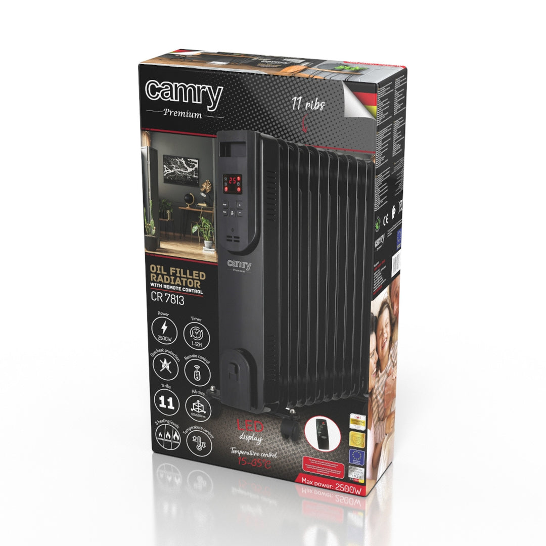 Oliekachel, 11 ribben, 2500 W, afstandsbediening, LED-display, thermostaat, Camry CR 7813