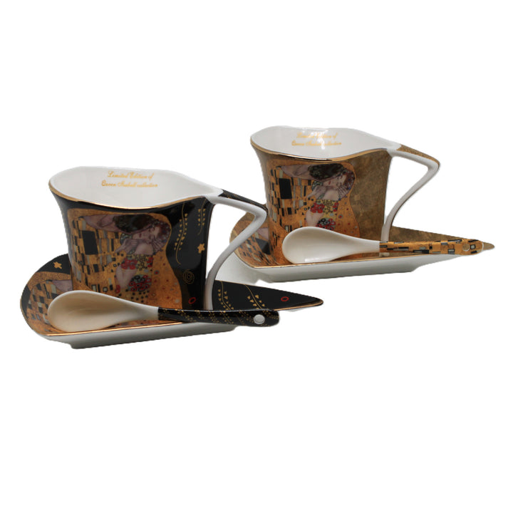 Porseleinen kopjes Klimt De Kus, 2 stuks à 180 ml, met lepeltjes, Queen Isabell