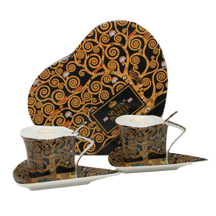 Klimt-porseleinen kopjes ‘Boom des levens’, 2 stuks à 180 ml, met lepeltjes, Queen Isabell