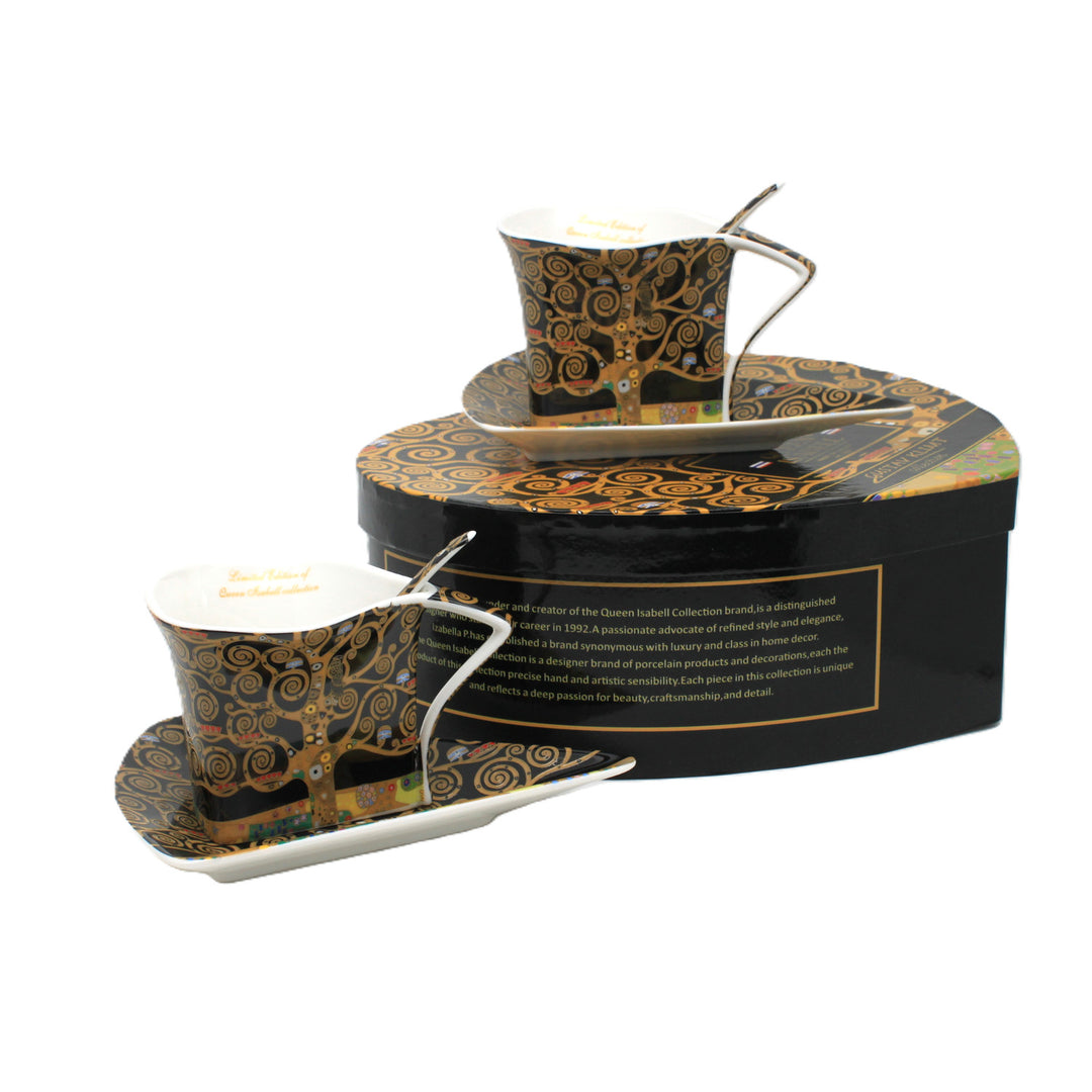Klimt-porseleinen kopjes ‘Boom des levens’, 2 stuks à 180 ml, met lepeltjes, Queen Isabell