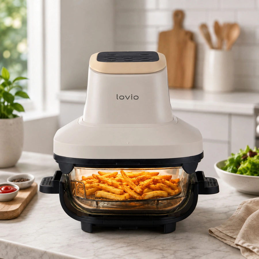 LOVIO PureFry Ultra Crisp LVAF003BE vetvrije airfryer 4 l + 1,5 l 1550 W beige, glazen bakken