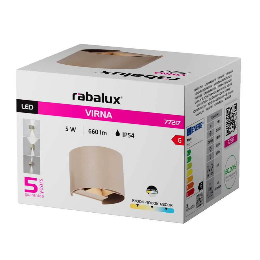 Buitenwandlamp, Virna, LED 5 W, 420 lm, lichtkleur 2700, 4000, 6500 K, IP54, grijs-beige, 77217