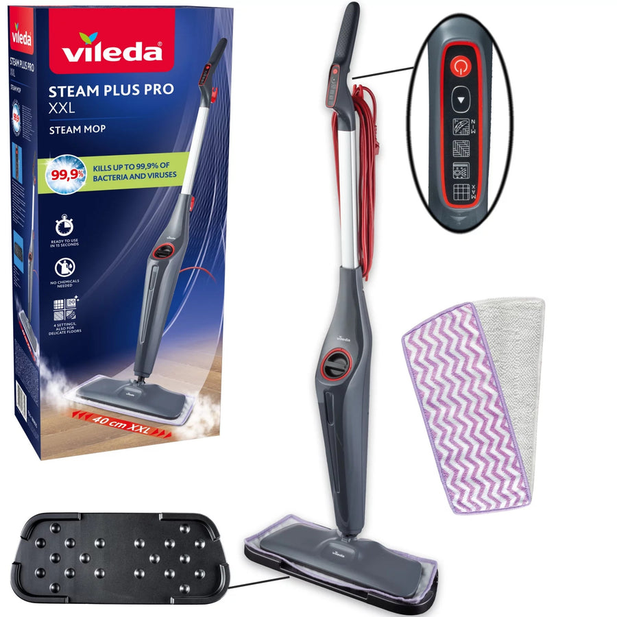 Vileda Steam Plus XXL Pro stoommop, doodt 99,9% van de bacteriën, ideaal voor grote oppervlakken, geschikt voor alle soorten vloeren, 180835