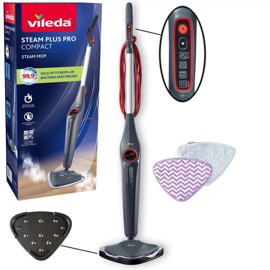 Vileda Steam Plus Pro-stoommop, doodt 99,9% van de bacteriën, warmt snel op, geschikt voor alle soorten vloeren, 180839
