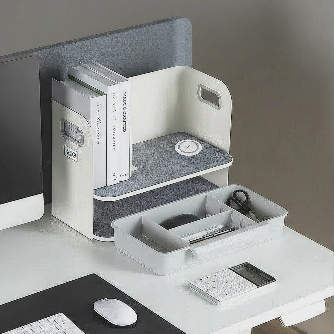 Bureau-organizer met draadloze Qi-oplader, lade en boekensteun voor kantoorbenodigdheden Qi-oplaadstation Bureau-organizer Bureaublad tot 10 kg Wit