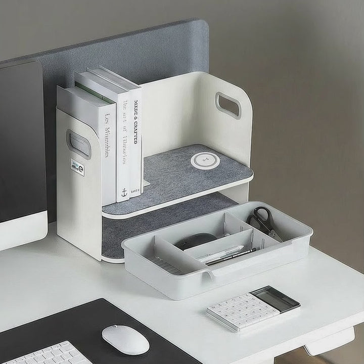 Bureau-organizer met draadloze Qi-oplader, lade en boekensteun voor kantoorbenodigdheden Qi-oplaadstation Bureau-organizer Bureaublad tot 10 kg Wit