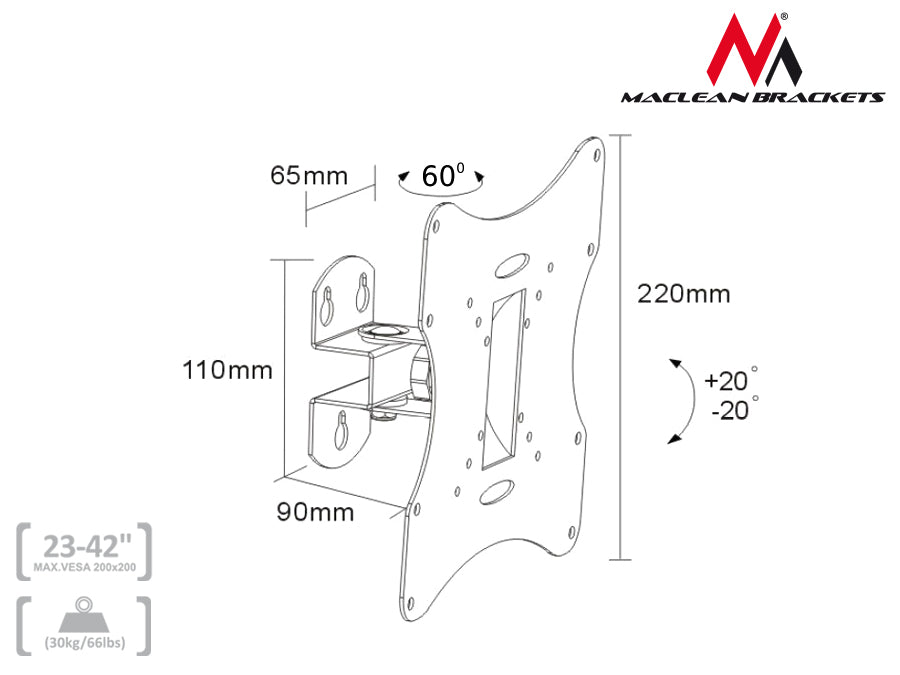 Muurbeugel TV PLASMA LCD 23-42'' Maclean MC-501A tot 30 kg