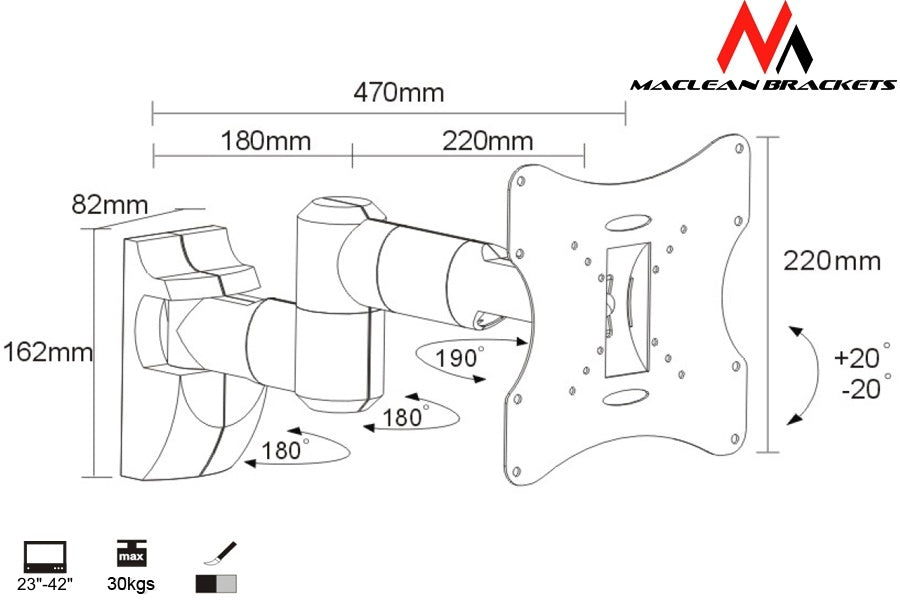 Support mural TV 23- 42 pouces MC-503A S Maclean max.30 kg