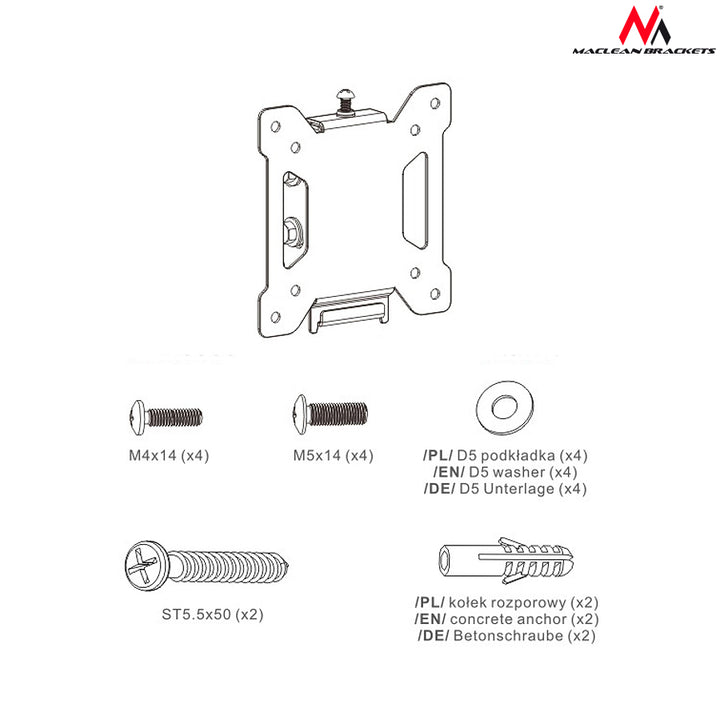 Support mural 13-27" Maclean MC-596 noir 20kg max VESA 100x100