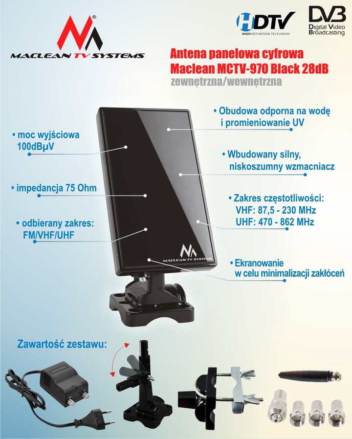 Antenne intérieure/extérieure VHF/UHF DVB-T2 HEVC Maclean MCTV-970