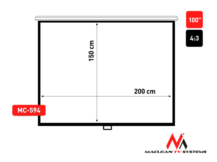 Projectiescherm 100" 4: 3 200x150 Maclean MC-594 zwarte achterzijde wit scherm thuis bioscoop