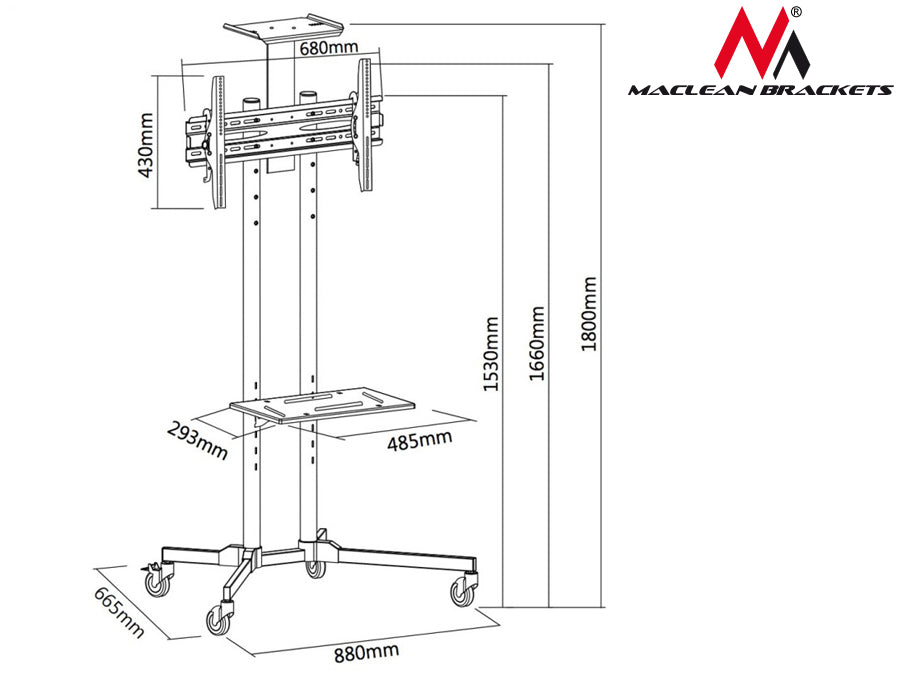 TV voet standaard met beugel op wielen  professionele tv tafel rolstoel max 55 kg VESA 600x400 Maclean MC-661