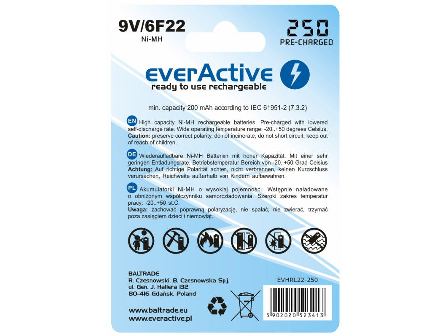 Baterij everActive Ni-MH 9V 6F22 250mAh Silver Line