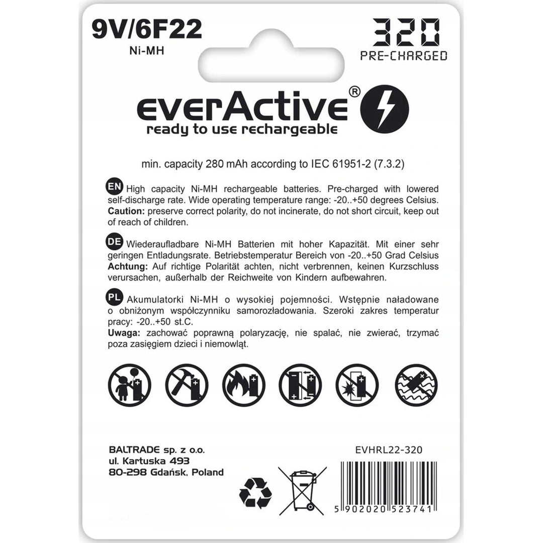 9V 6F22 320mAh Rechargeables everActive Professional