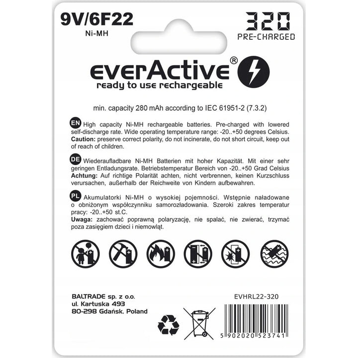 9V 6F22 320mAh Rechargeables everActive Professional