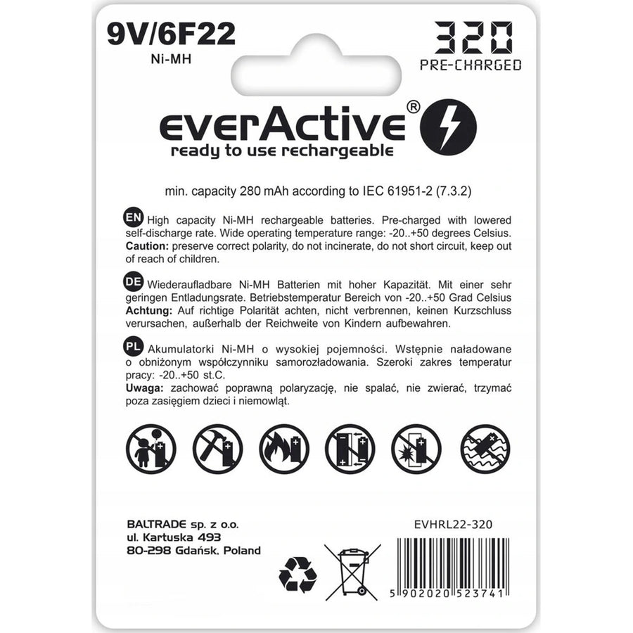 9V 6F22 320mAh Rechargeables everActive Professional