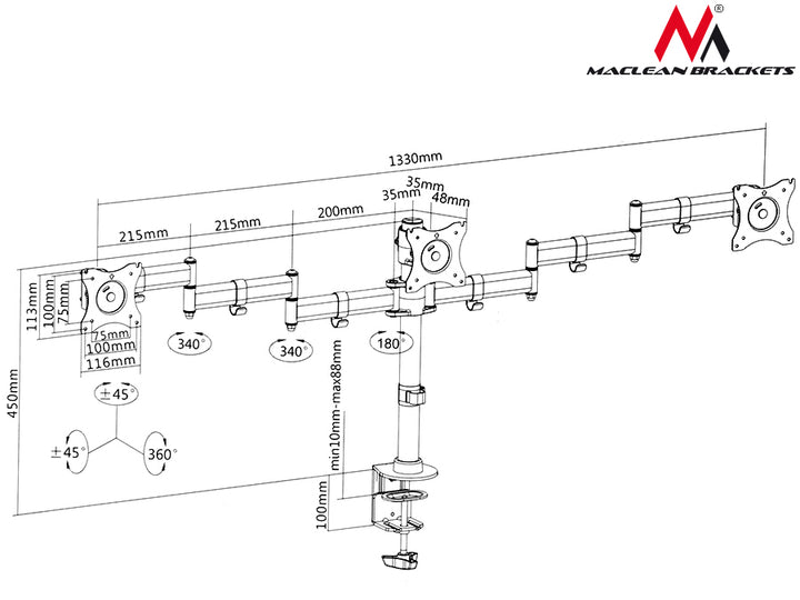 Flat panel steun voor 3 monitoren LCD LED 27" MC-691 Maclean