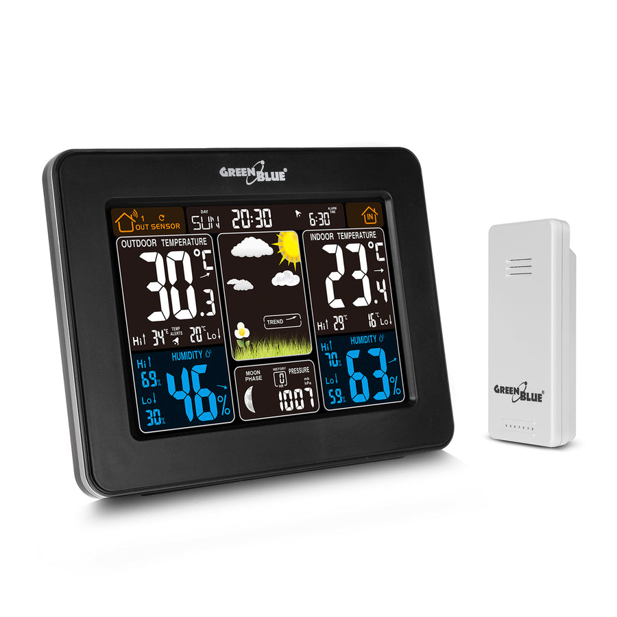 GreenBlue GB 523 Weerstation DCF Alarm Weergave Binnen Buiten Sensor Temperatuur Vochtigheid