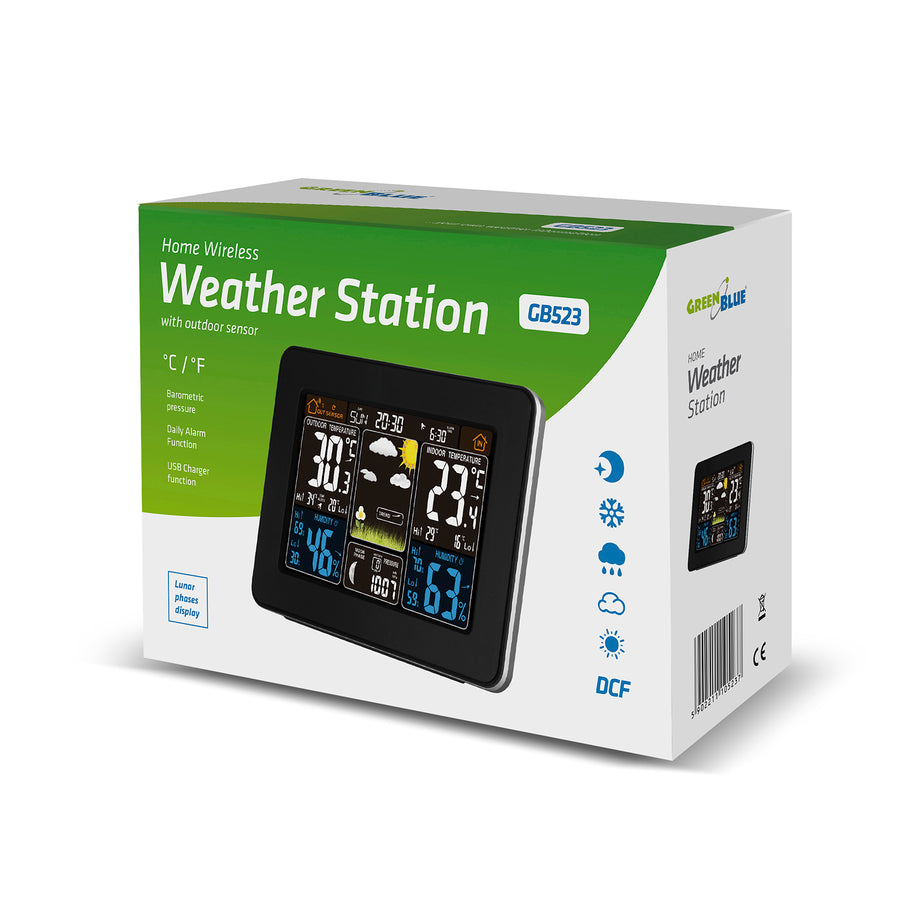 GreenBlue GB 523 Weerstation DCF Alarm Weergave Binnen Buiten Sensor Temperatuur Vochtigheid
