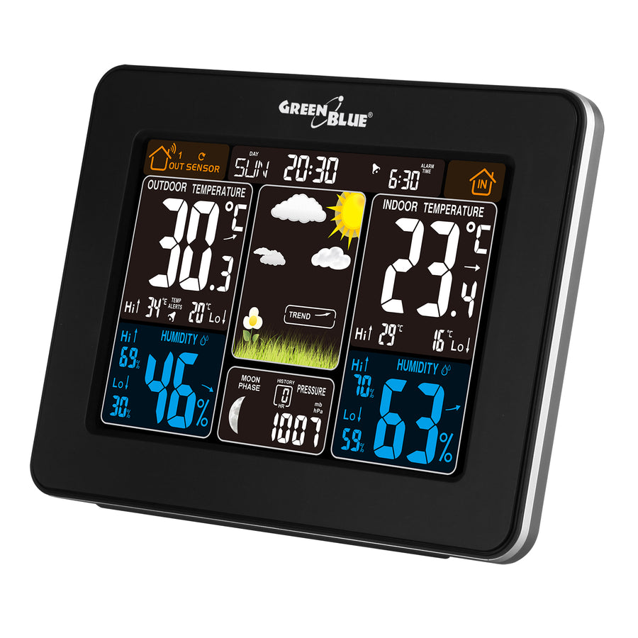 GreenBlue GB 523 Weerstation DCF Alarm Weergave Binnen Buiten Sensor Temperatuur Vochtigheid