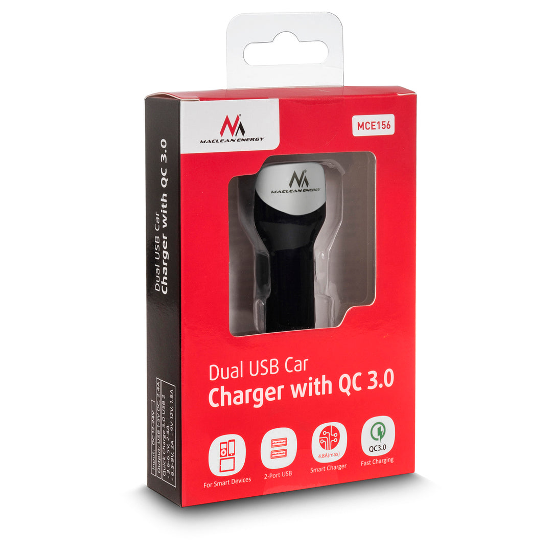 Chargeur de voiture 2,4A 2xUSB Câble Q.C3.0 1,5m Argent Maclean Energy MCE157