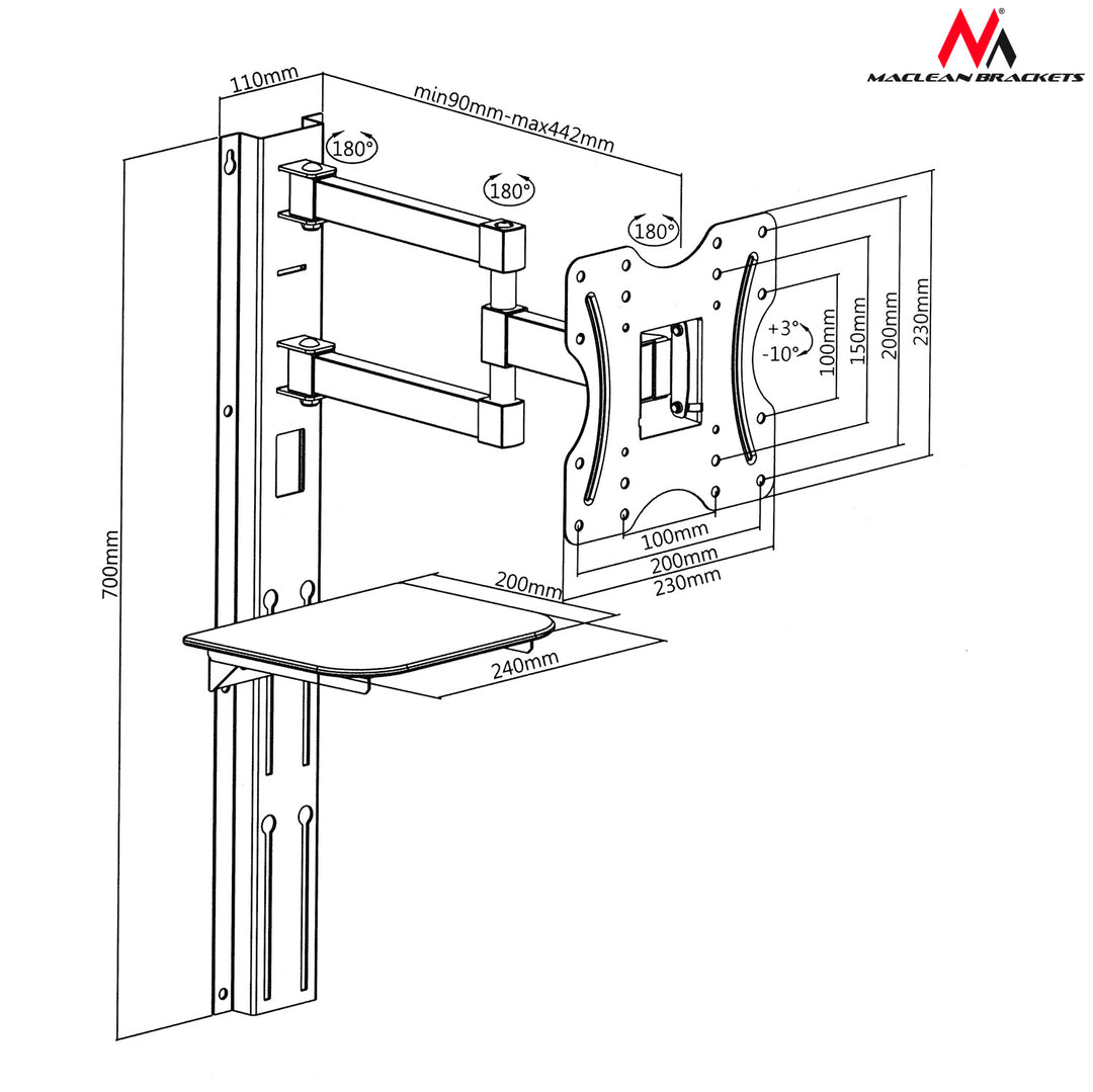 Support mural avec étagère Maclean Brackets conçu pour les téléviseurs pesant jusqu'à 30 kg MC-771