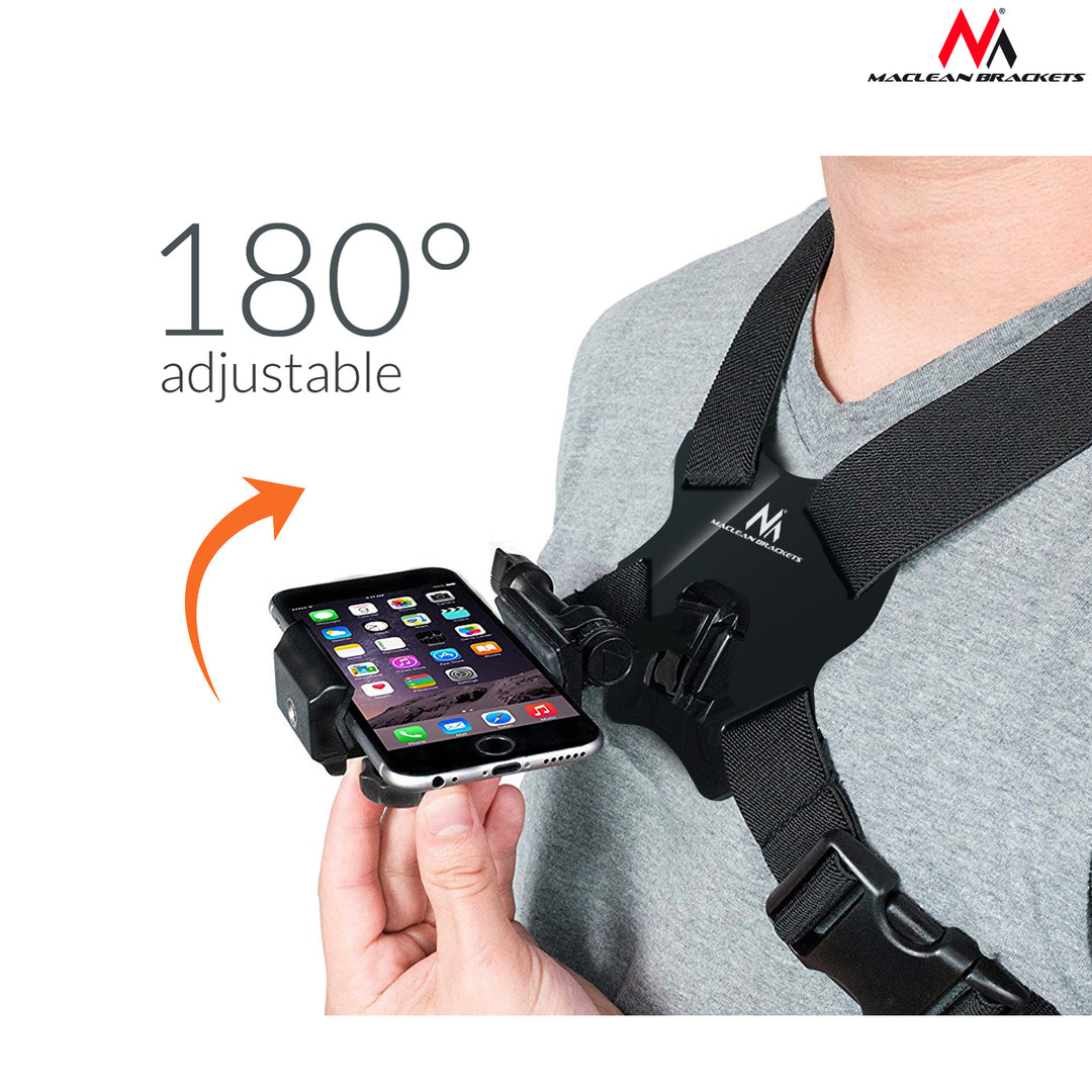 Maclean MC-773 Support de sangle pectorale pour appareil photo Support de sangle pectorale pour téléphone portable compatible avec les caméras GoPro