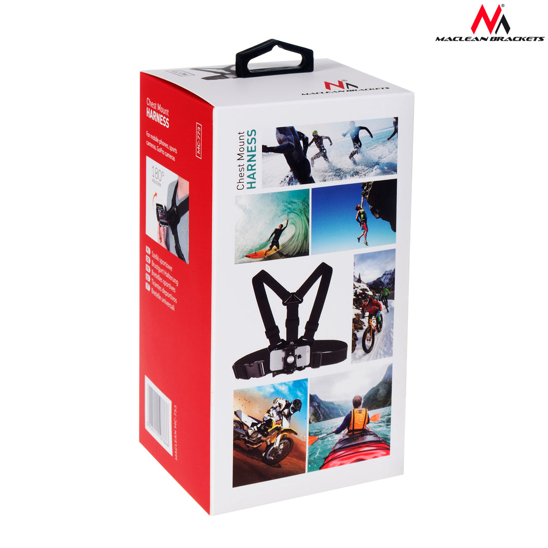 Maclean MC-773 Support de sangle pectorale pour appareil photo Support de sangle pectorale pour téléphone portable compatible avec les caméras GoPro