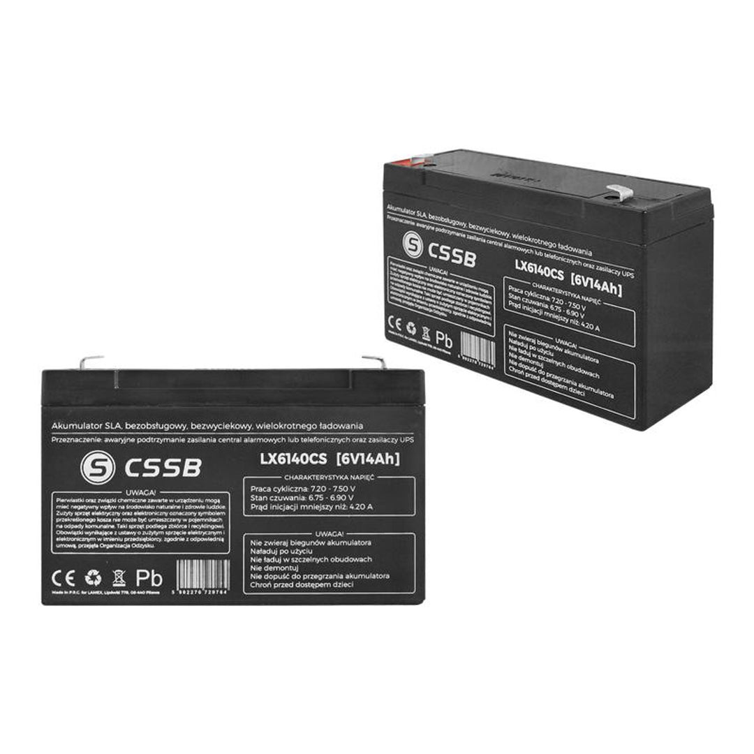 CSSB-gelbatterij met een bedrijfsspanning van 6V 14Ah. Kan in elke positie werken