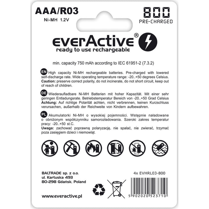 4x everActive R03 / AAA 800mAh-batterijen van hoge kwaliteit