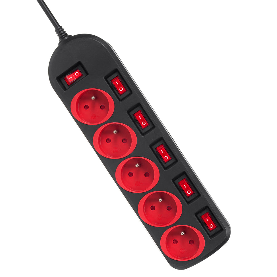 Maclean stekkerdoos, verlengkabel voor 5 stopcontacten, met schakelaars, 250VAC/10A, 1,5m, MCE204