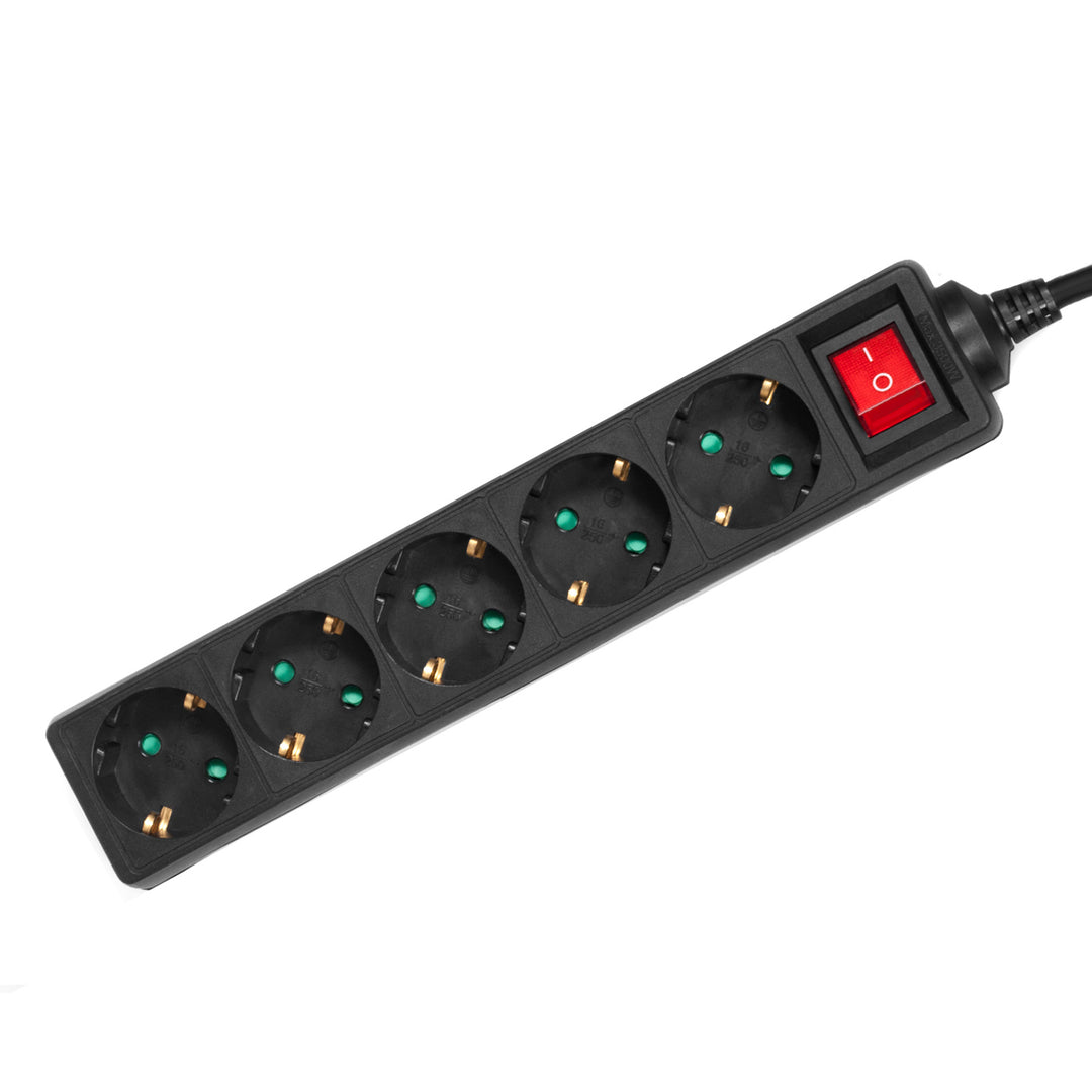 Maclean stekkerdoos, 5-polige verlengkabel, Met schakelaar, Zwart, Duits type, 3500W, 1,4m, MCE226G