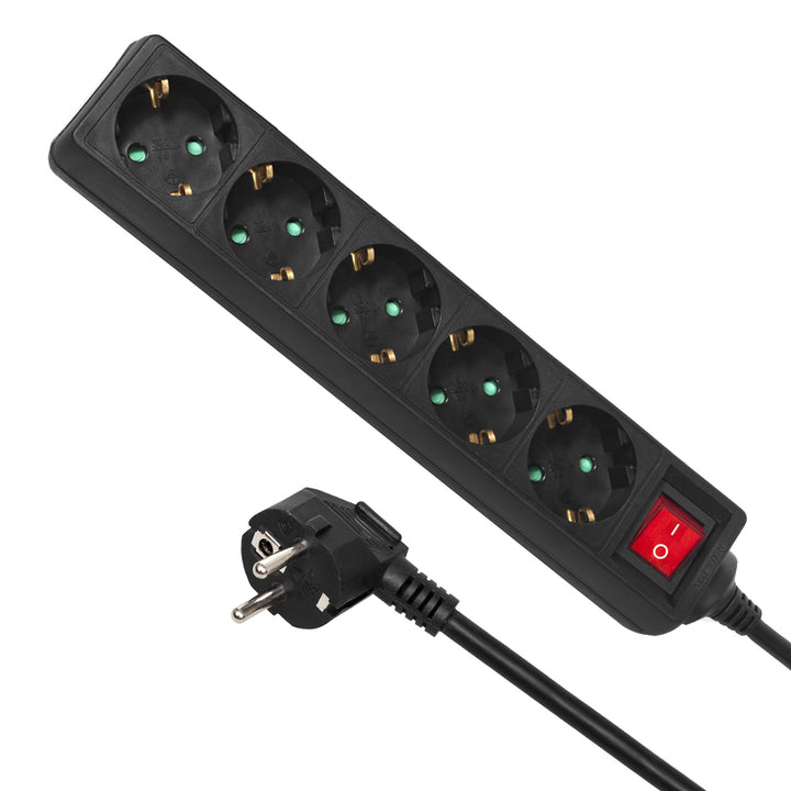 Maclean stekkerdoos, 5-polige verlengkabel, Met schakelaar, Zwart, Duits type, 3500W, 1,4m, MCE226G