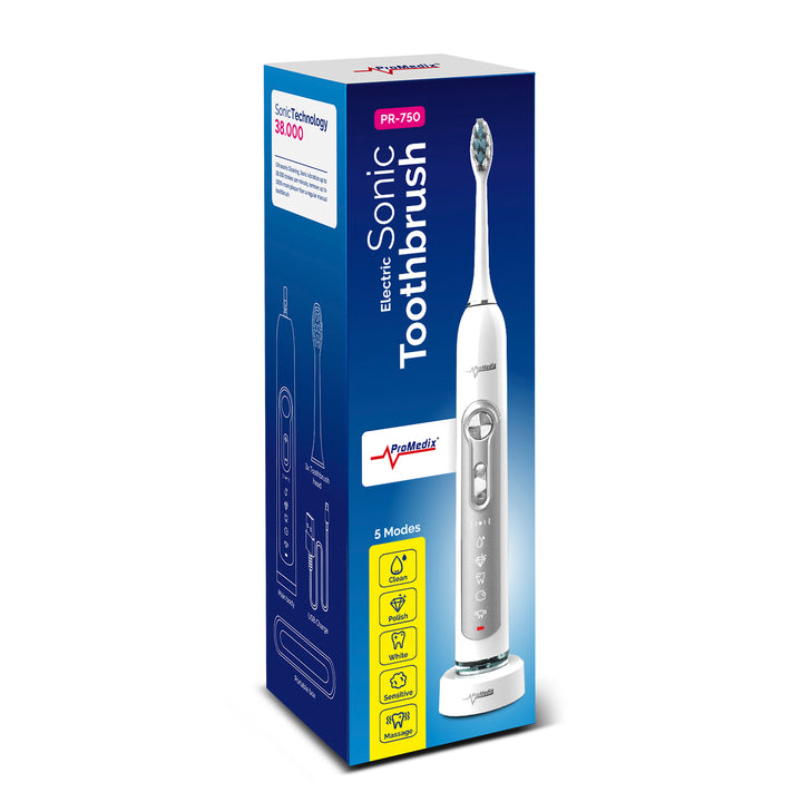 Brosse à dents Promedix PR-750 W IPX7 blanche, étui de voyage, 5 modes, minuterie, 3 niveaux de puissance, 3 embouts