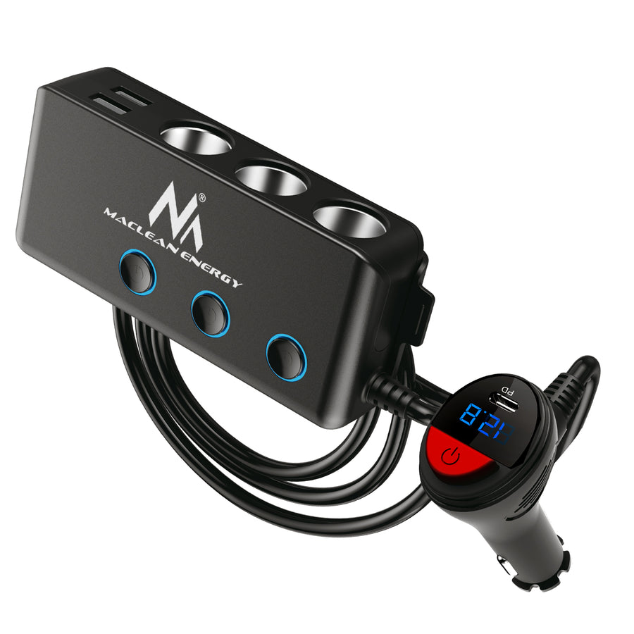 Sigarettenaansteker-matsplitser, voltmeter, 3 sigarettenaansteker-aansluitingen, 1xQuick Charge 3.0, 3xUSB 6.8A, 1x Power Delivery 18W, Maclean MCE218, Max 120W